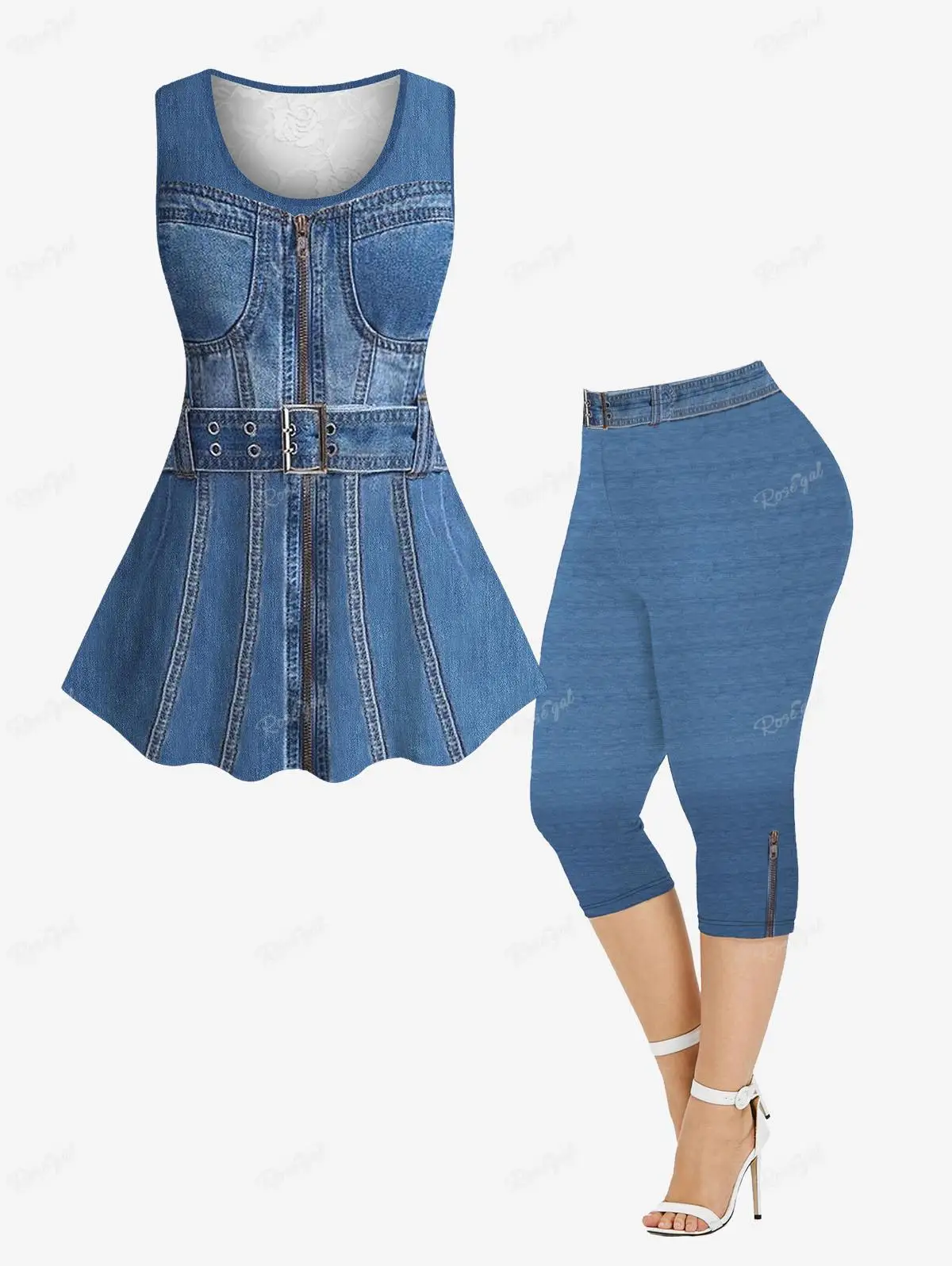 

Women Fashion Lace Back Tank Top and Capri Leggings Plus Size Outfit 2 piezas Grommets Buckle Belt Zipper Denim 3D Printed