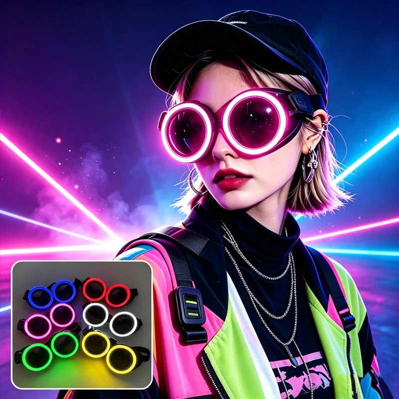 Glowing Rave Goggles 6 Colors Light Up Cyberpunk Glasses Adjustable Strap EL Neon Cosplay Glasses for Halloween Club Bar props