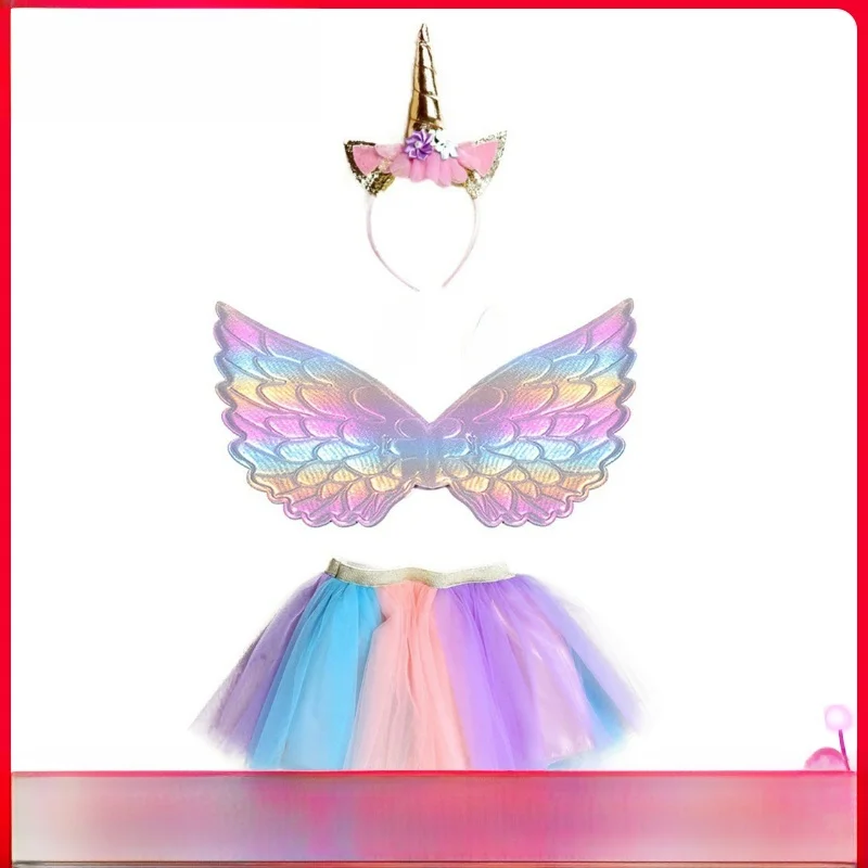 ชุดกระโปรงเด็กผู้หญิงธีมเรนโบว์ พร้อมที่คาดผมและปีก ชุดกระโปรงนางฟ้าเอวกลางสำหรับเด็กเล็ก