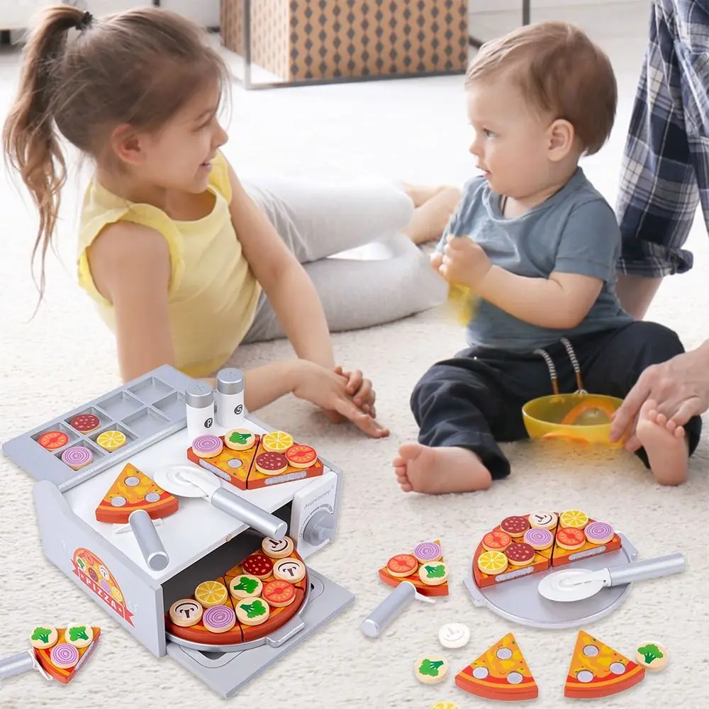 Multicolorido montessori brinquedos de madeira jogando casa simulação pizza forno brinquedos diy dos desenhos animados pizza cedo brinquedos educativos jogo