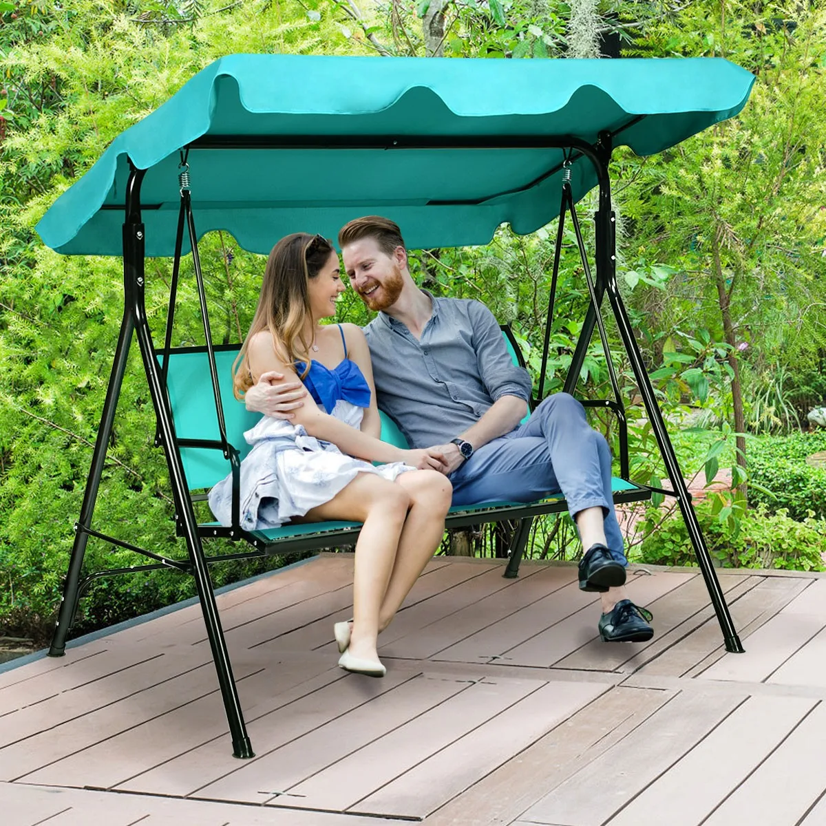 

Outdoor Swing Canopy Patio Swing Chair 3 Person Canopy Hammock Blue