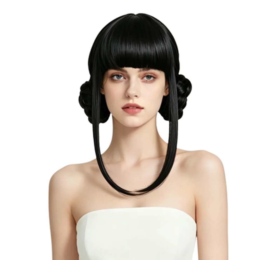 

16 Inch Black Double Bun Cosplay Wig with Straight Bangs Heat Resistant Synthetic Anime Wig For Women Halloween Party Daily Wear