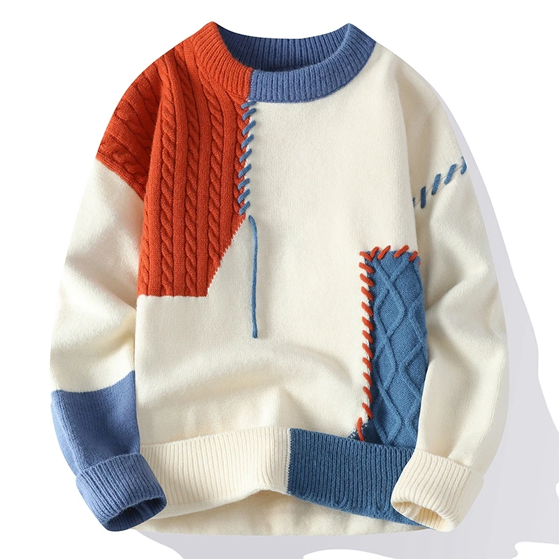 

Autumn Winter Warm Mens Knitted Sweaters Fashion Patchwork O Neck Knit Pullovers Korean Streetwear Pullover Casual Mens Clothing