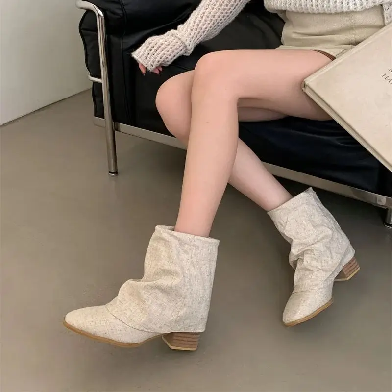 

Beige Chunky Heels Ankle Boots For Woman Autumn Shoes Korean Style Ladies High Heel Boots Cowboy Designer Shoes Botas Mujer