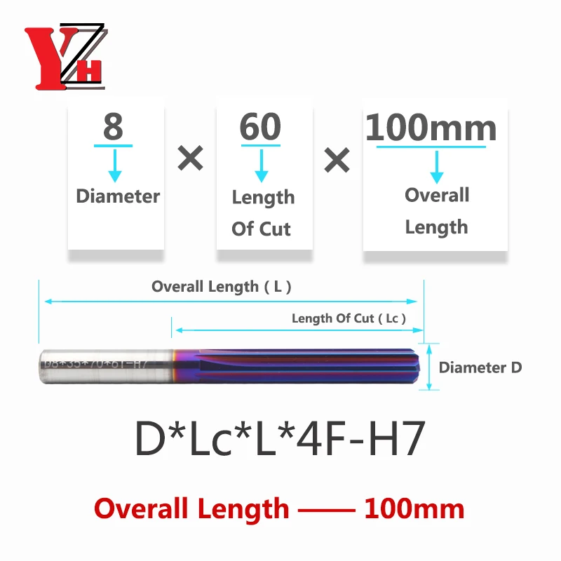 YZH 100mm Carbide Machine Reamer HRC68 Coated Straight Groove Tolerance H7 Harened Steel Metal Cutter CNC Turning Hole