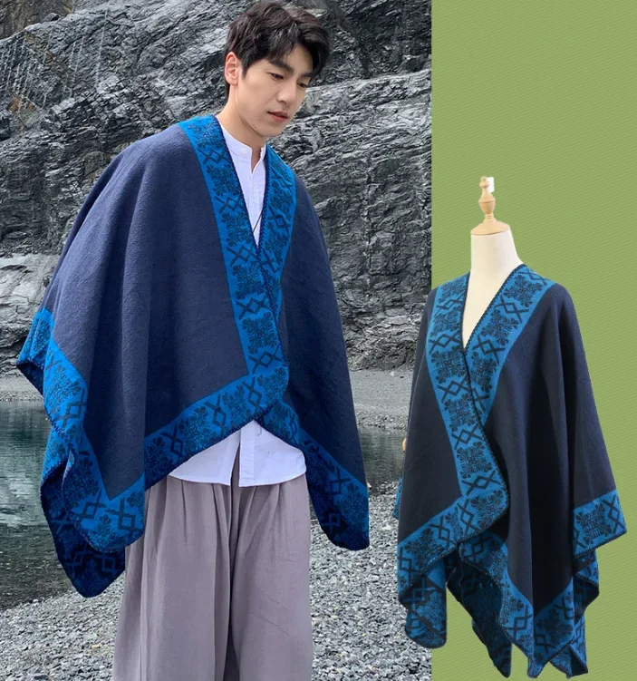 

Man Poncho New Fashionable Versatile Cape Autumn/Winter Thickened Two-In-One Warmth Retained Travel self driving tour Cloak