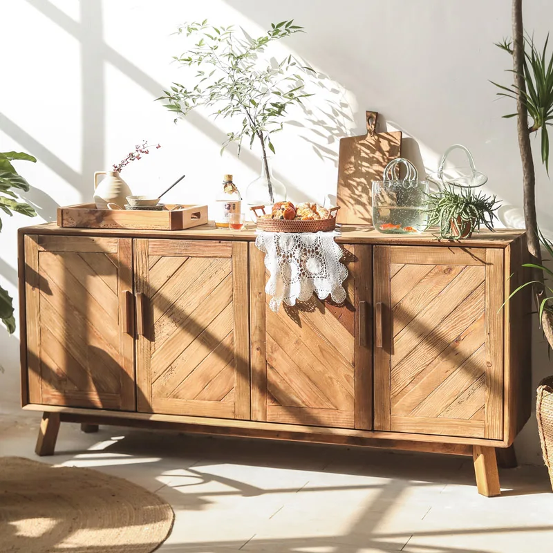 

Wooden twill sideboard American country retro old living room old pine four-door porch cabinet