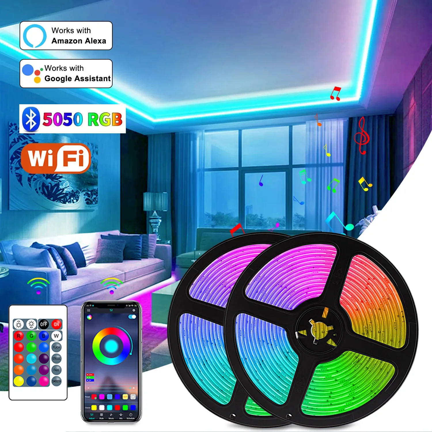 Lampu setrip LED USB 1-30m RGB 5050, pita lampu dekorasi ruangan lampu belakang TV Diode fleksibel Led, kontrol aplikasi Bluetooth