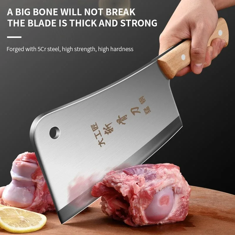 

6mm thickened stainless steel bone-chopping knife with solid kitchen wood handle,chef's sharp bone-chopping butcher knife KR9195