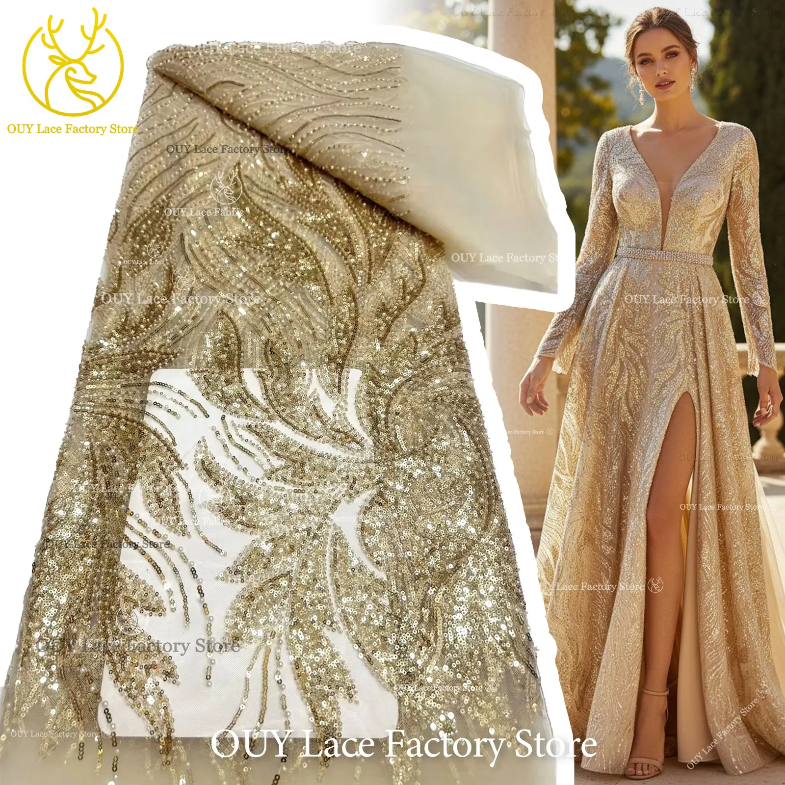 

Luxury African Groom Beaded Tulle Lace Fabric Gold French Sequins Lace Fabric 5 Yards Nigerian Sewing Bridal Wedding Dress