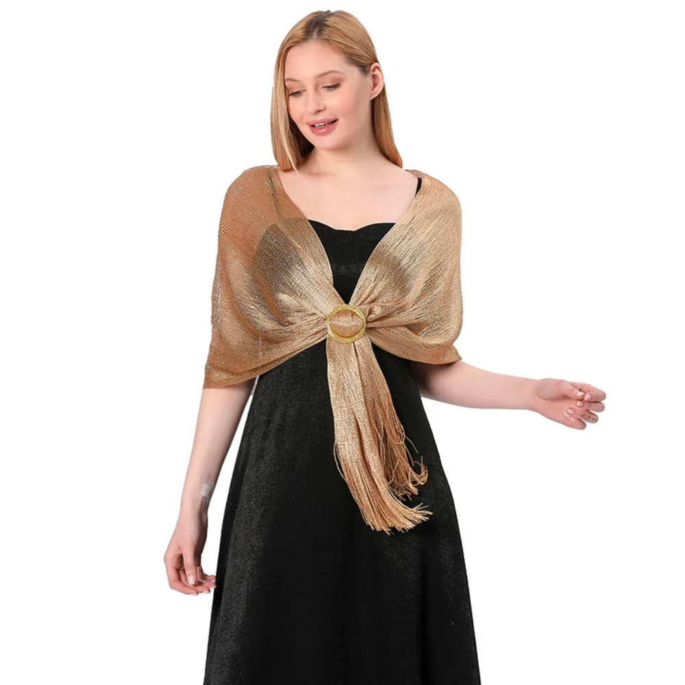 Bridal Fashion Sparkling Metallic Scarf Fashion Wedding Party Bridesmaid Lady Cape Wraps Gold Silver with Buckle Shiny Shawls