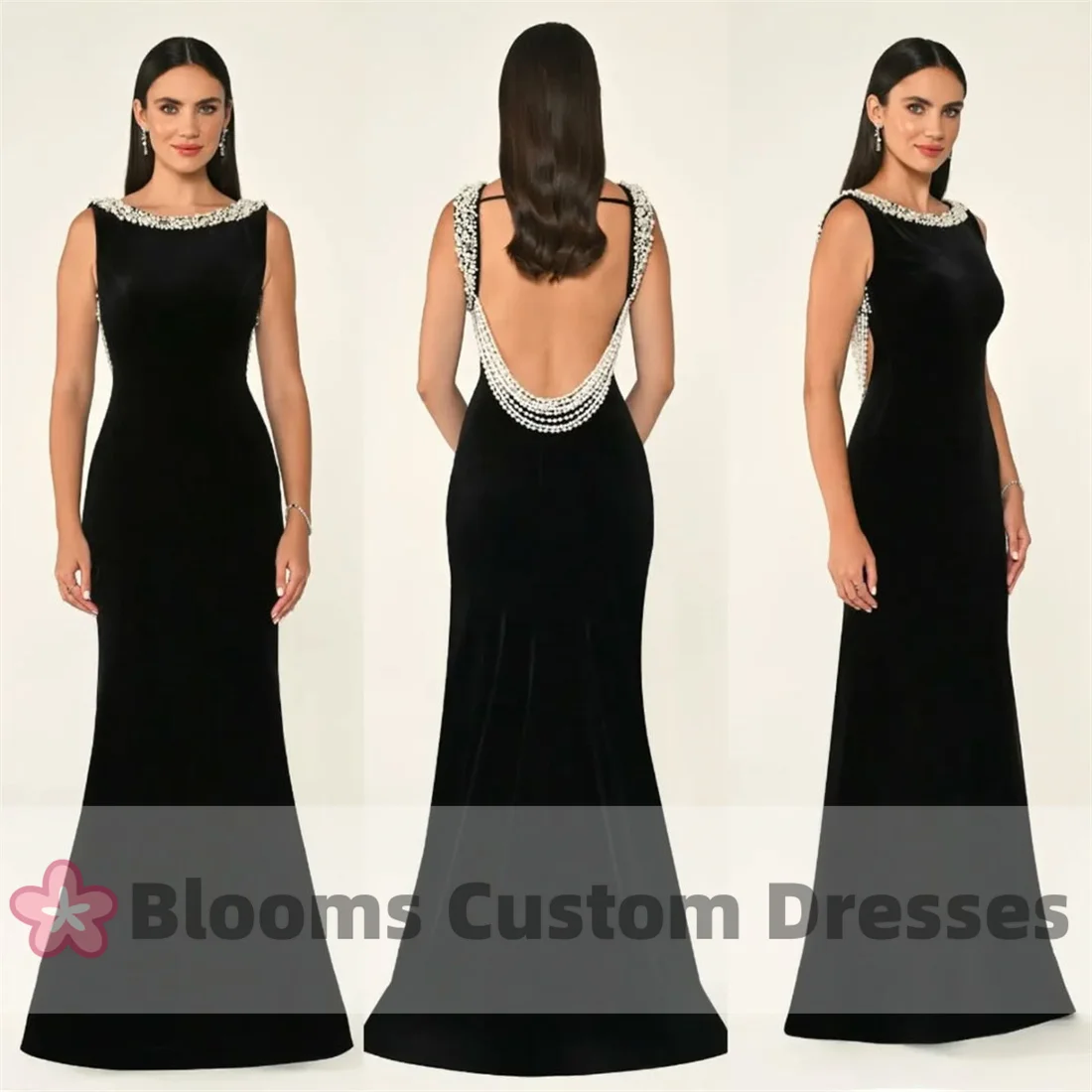 Blooms Backless Customized Beaded Pearls Evening Dresses For Special Occasion Black Velvet Mermaid Sleeveless Prom Dresses