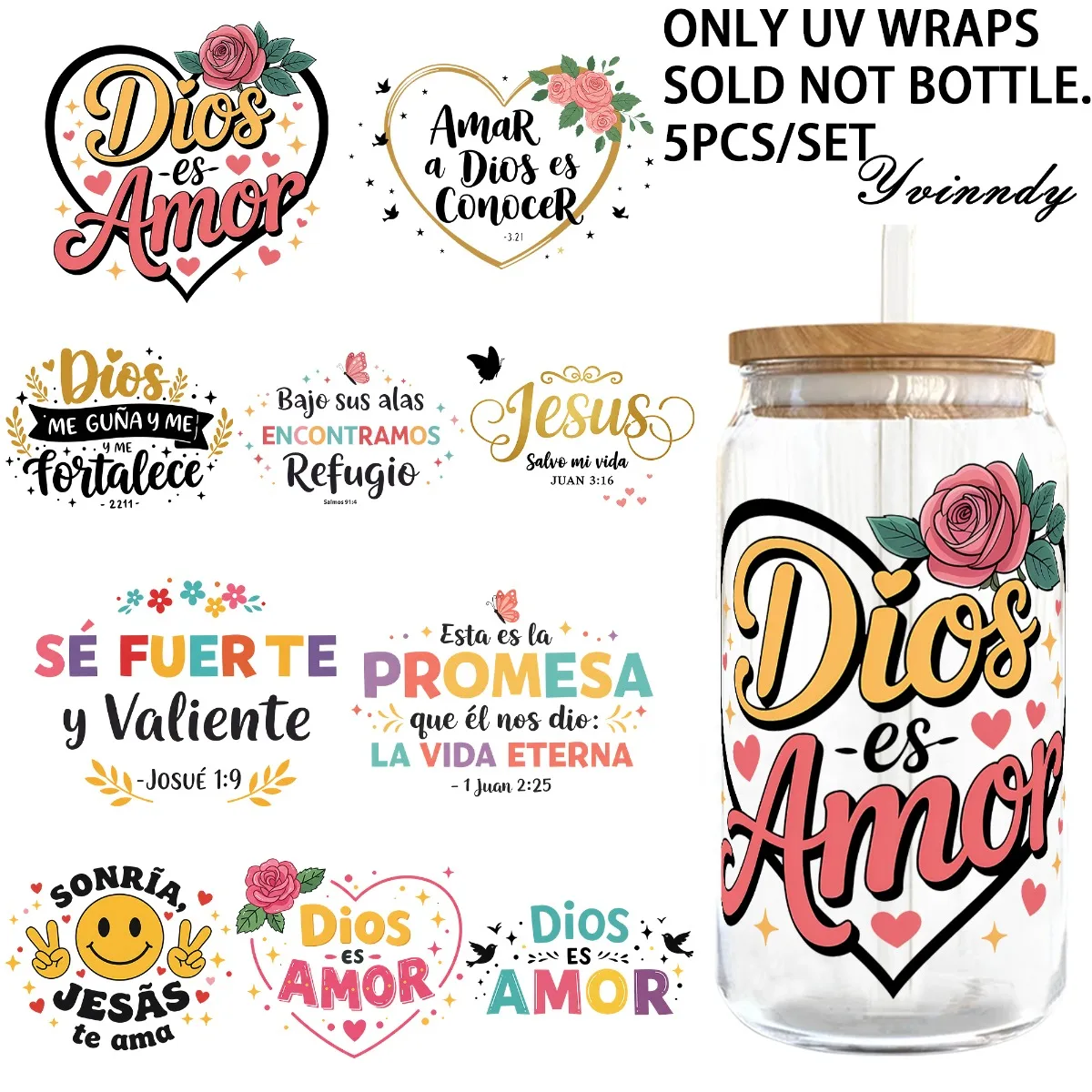 5Pcs/Set Inspirational Spanish 16OZ Glass Transfer Paper UV DTF High Self-Adhesive Transfer Paper Suitable For Decorating Cups