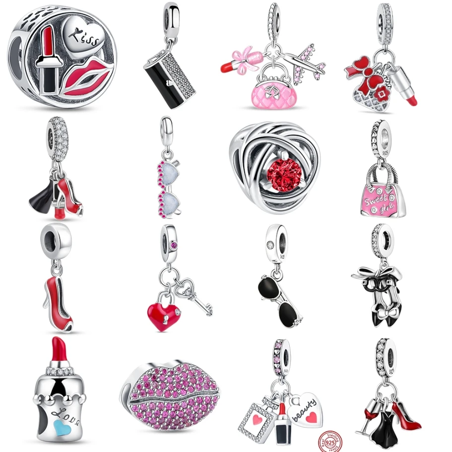 New 925 Sterling Silver Charms Bead Red Shoes Lips Package Lipstick Charm Fit Original Bracelet Pendant DIY Jewelry For Women