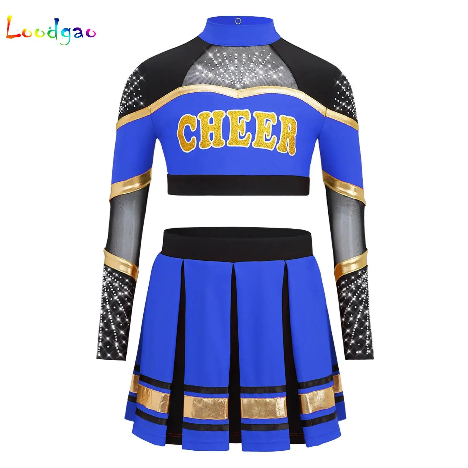 

Комплект для чирлидинга из 2 предметов: топ с длинным рукавом и юбка, украшенные стразами, для девочек