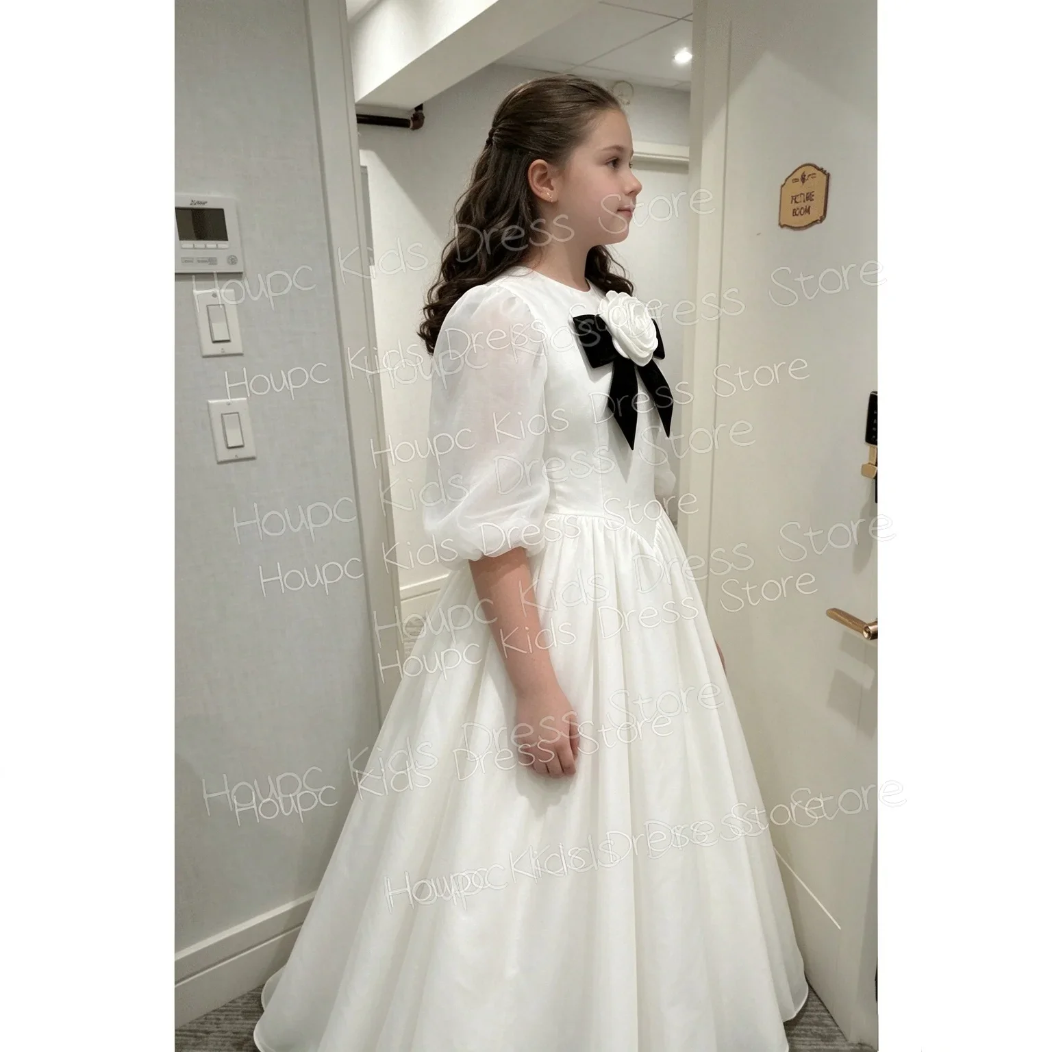 Custom White Organza Flower Girl Dress for First Communion Sheer Velvet Bow  Puff Sleeve Black Applique A-Line Gown