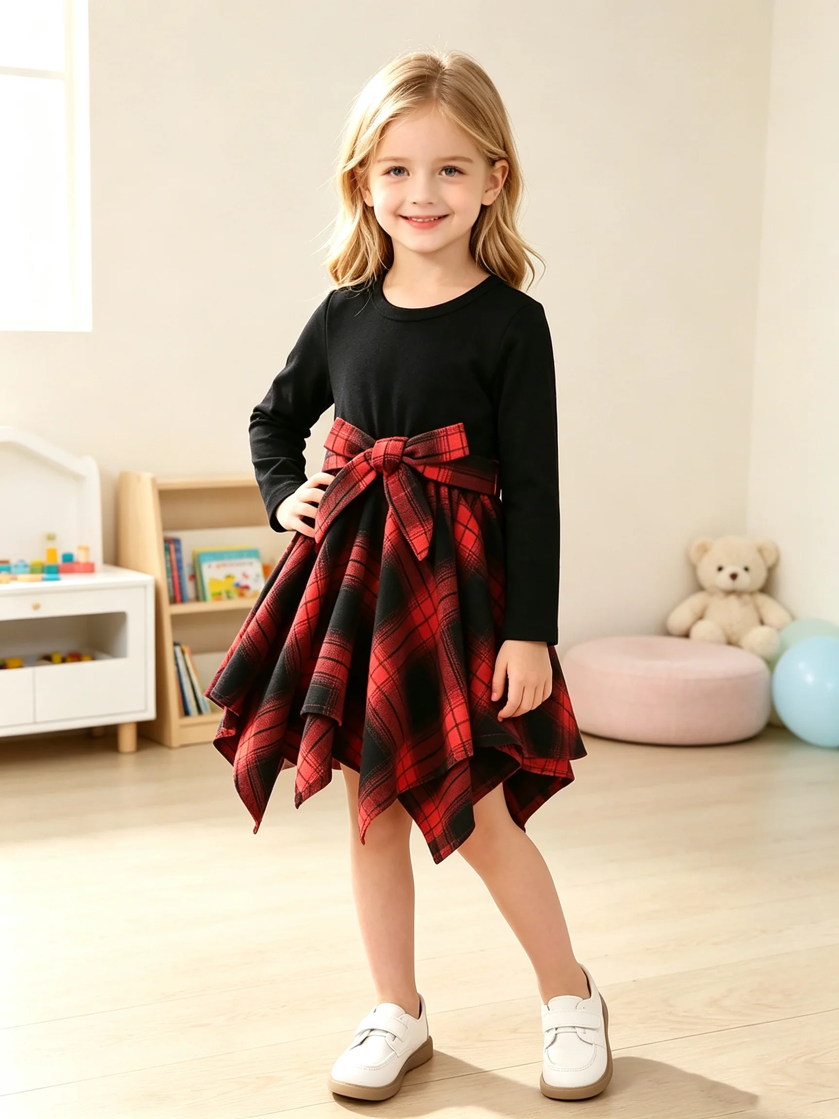 Trendiges Kariertes Langarm-Kleid mit Asymmetrischem Saum Alltags- und Reisegeeignetes Damen-Modekleid – Detail 2