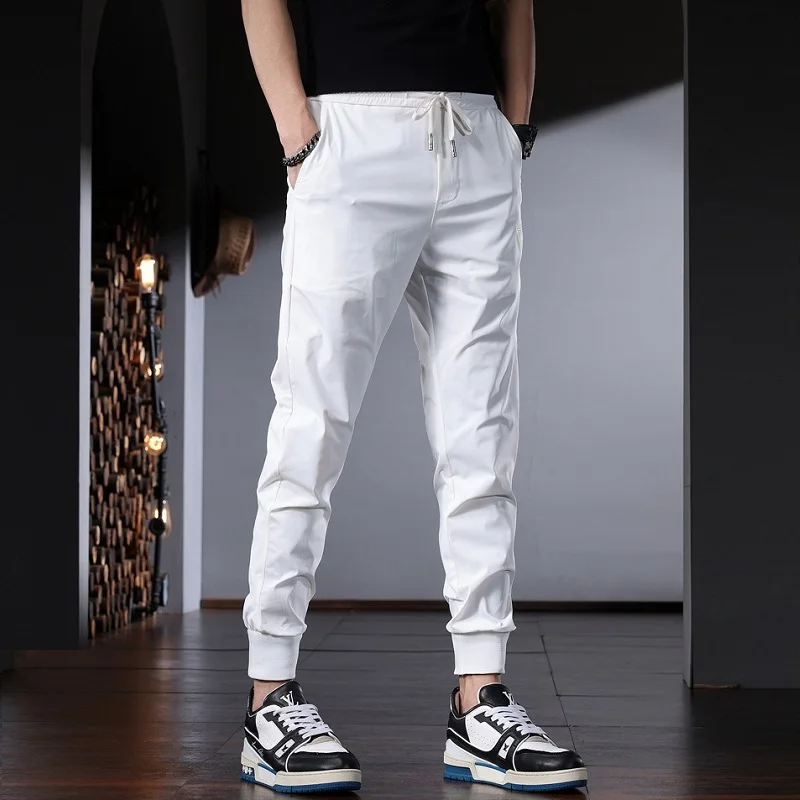 

Men's White Sport Jogging Pants Summer Fashion Embroidery Slim Fit Elastic Waist Drawstring Trousers