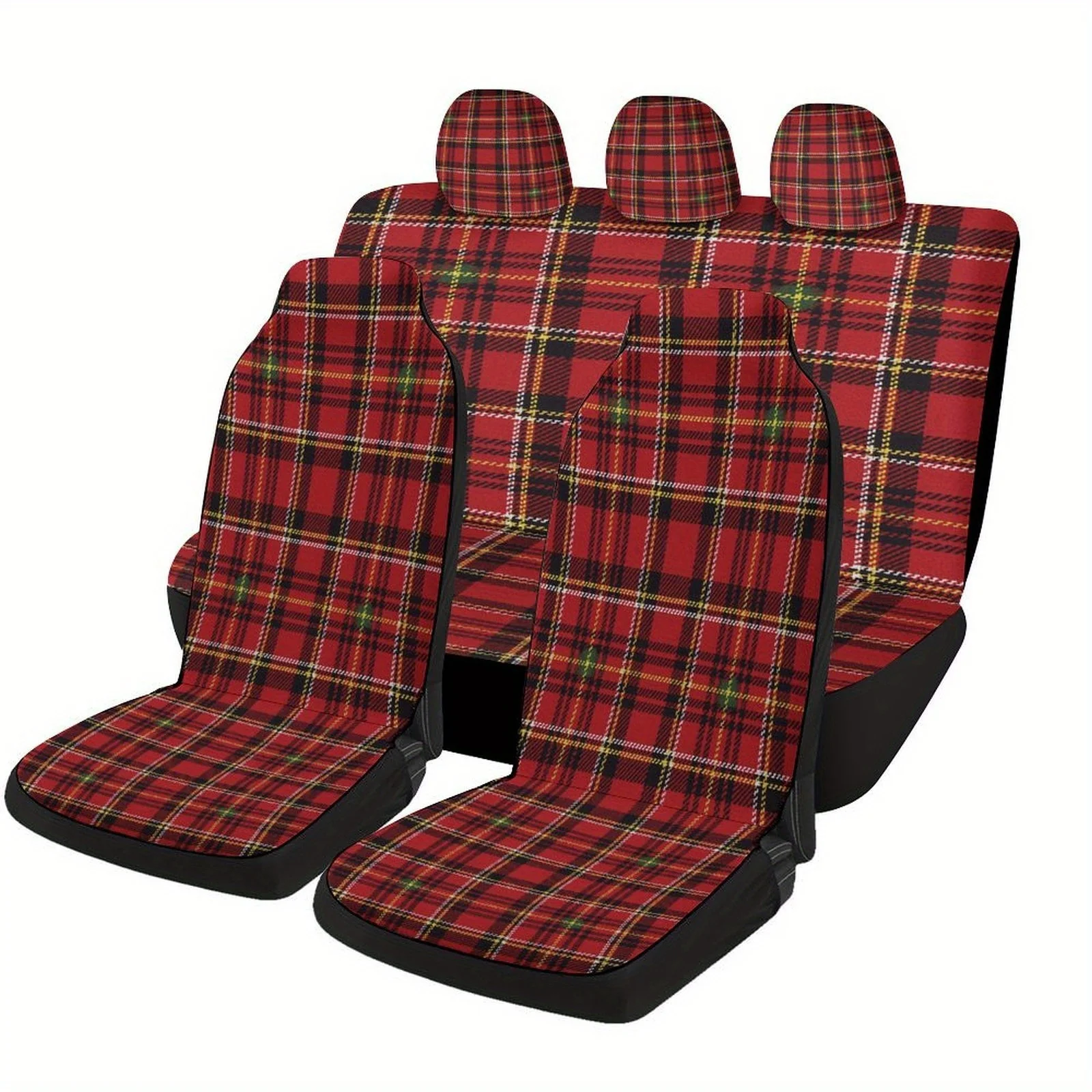 Red Tartan Plaid Themed Car Seat Cover Set For Most Cars, Fashion Novelty Car Seat Protector Covers Full Set, Car Seat Covers