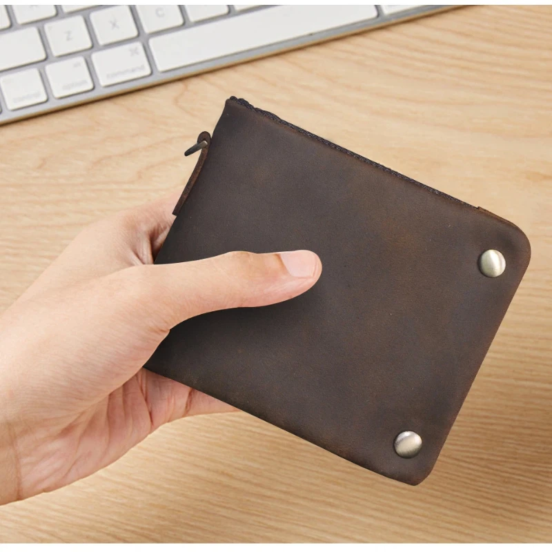 YETTIES Men's Pull-Up Top Grain Leather Wallet, Short Zipper Bifold with Detachable Chain, Retro Practical Clutch for Men
