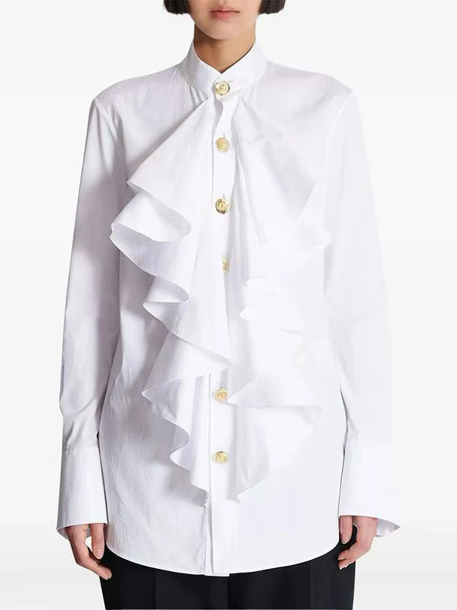 GALCAUR Camicia minimalista con fungo impiombato bianco Donna O Collo Manica lunga Camicie da donna allentate di fascia alta Autunno Nuovo stile Moda