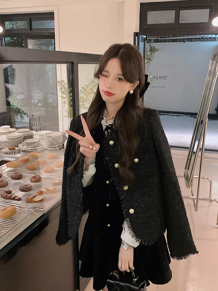 Anli ort Quilted Jaet Fine Fla Inner  Small Fraance Sle Premium Feeling round Ne Loose Fit Spring 2024