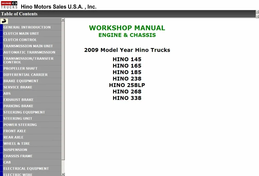 Hino Workshop Manual 2007 - 145, 165, 185, 238, 258, 268, 338, HTML