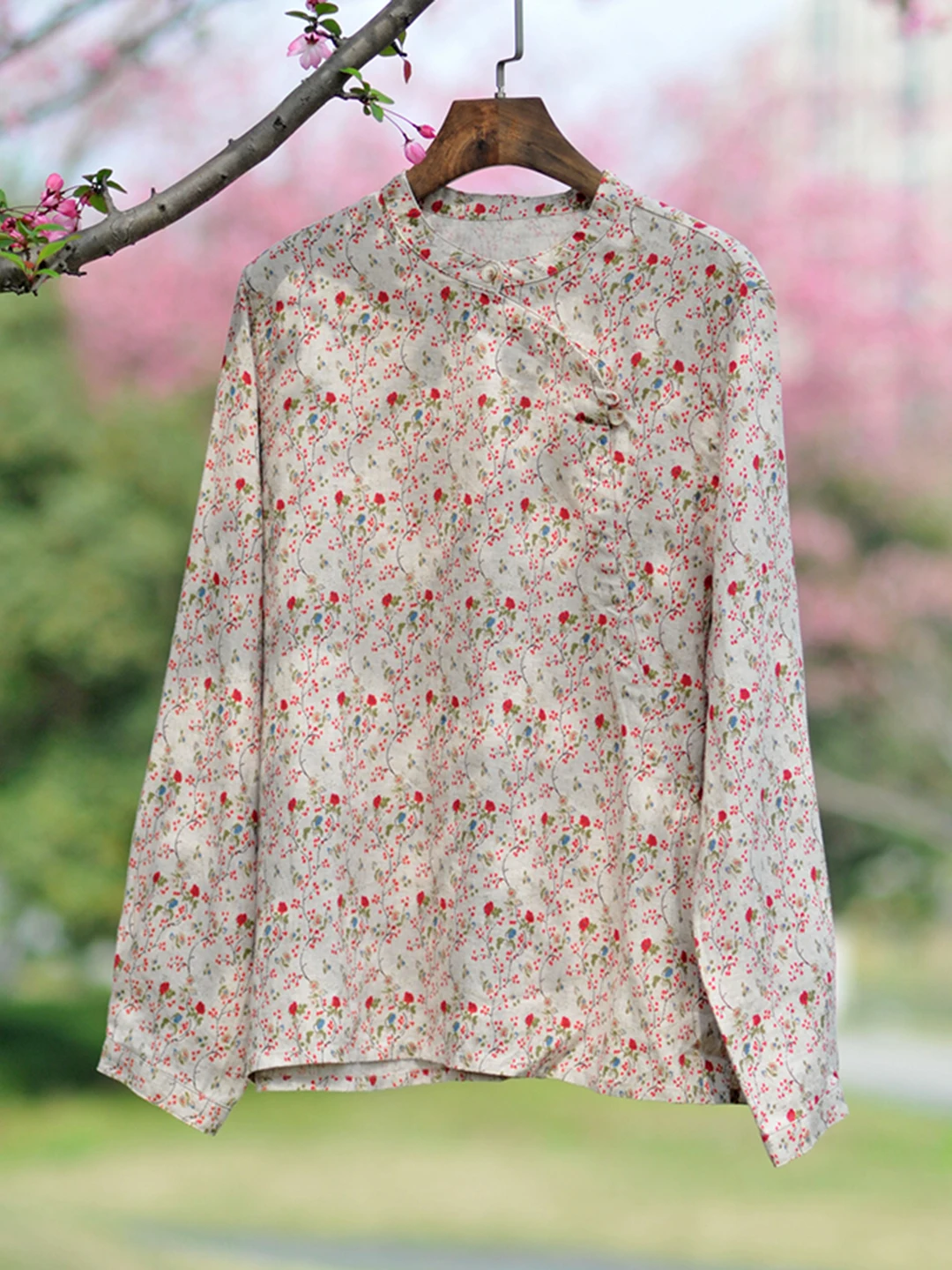 

Tingzhi Spring Summer Retro Linen Shirt Series New Women's Skin-friendly Breathable Long Sleeve round Neck Floral Patterned S...