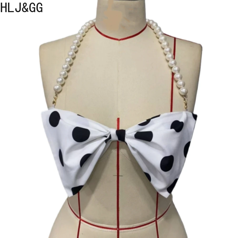 HLJ & GG – ensemble deux pièces pour femmes, haut imprimé à pois, col licou, avec nœud, sans manches, dos nu, haut Slim + short en maille, tenues Streetwear