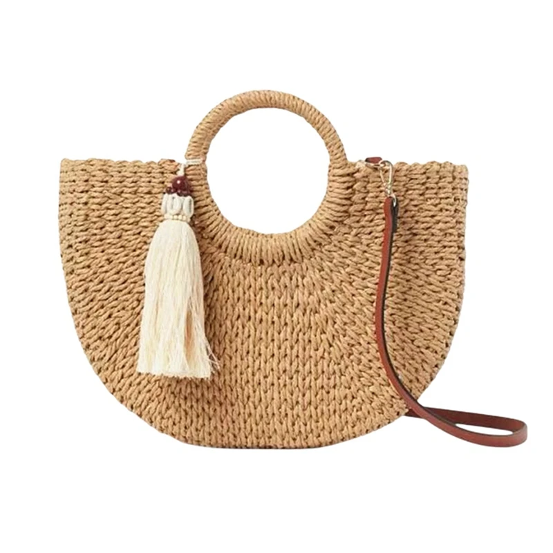 

Fashion Womens Straw Hand-Woven Messenger Bags Bohemian Shoulder Bag New Moon Shape Seaside Resort Women Tote Bag