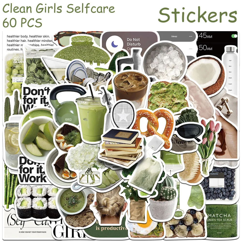 60pcs Clean Girls Selfcare Graffiti Stickers Decals For Phone Laptop Suitcase DIY Aesthetic Waterproof Stickers Creative Gifts