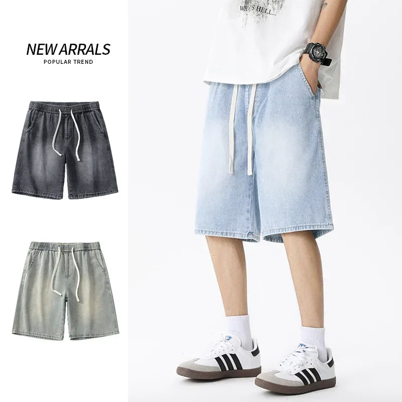 

Pop Elastic Waist Men Casual Denim Shorts Light Blue Soft Fashion Straight Baggy Wide Short Pants Bermuda Jeans Male Streetwear