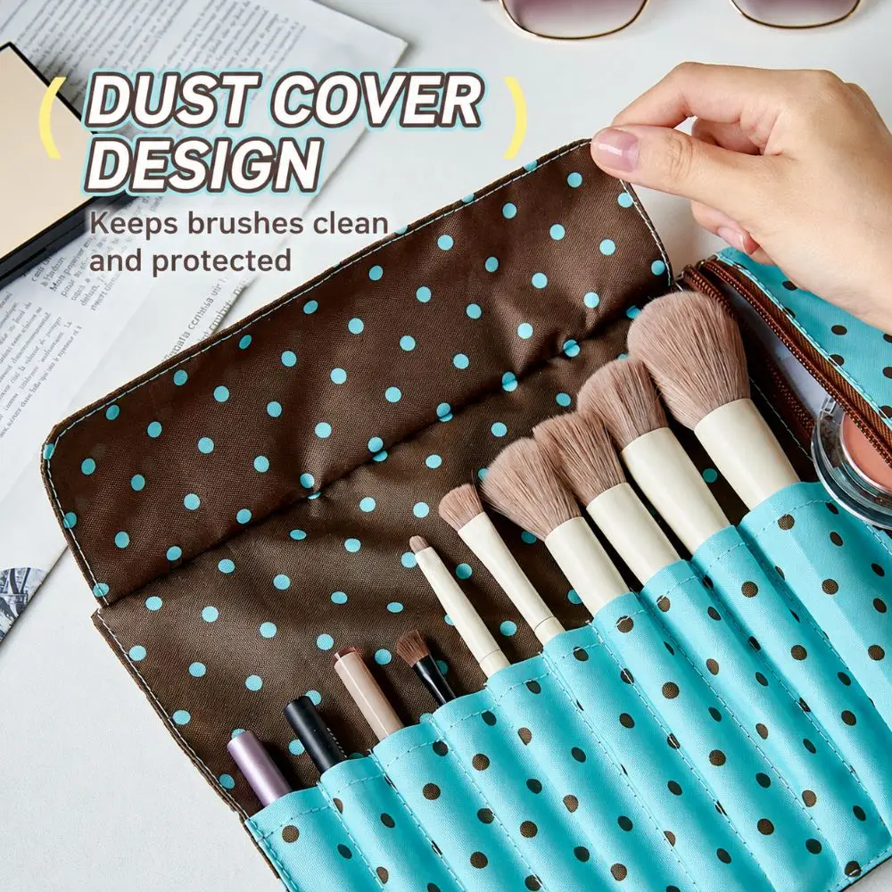 Stylish Polka Dot Makeup Brush Storage Bag 10 Slots Multipurpose Makeup Tool Bag Portable Canvas Makeup Bag Multipurpose