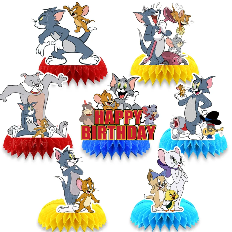 

New 7 Pieces Cat and Mouse Birthday Party Decoration Kids Party Supplies Cupcake Decoration Background Centerpiece