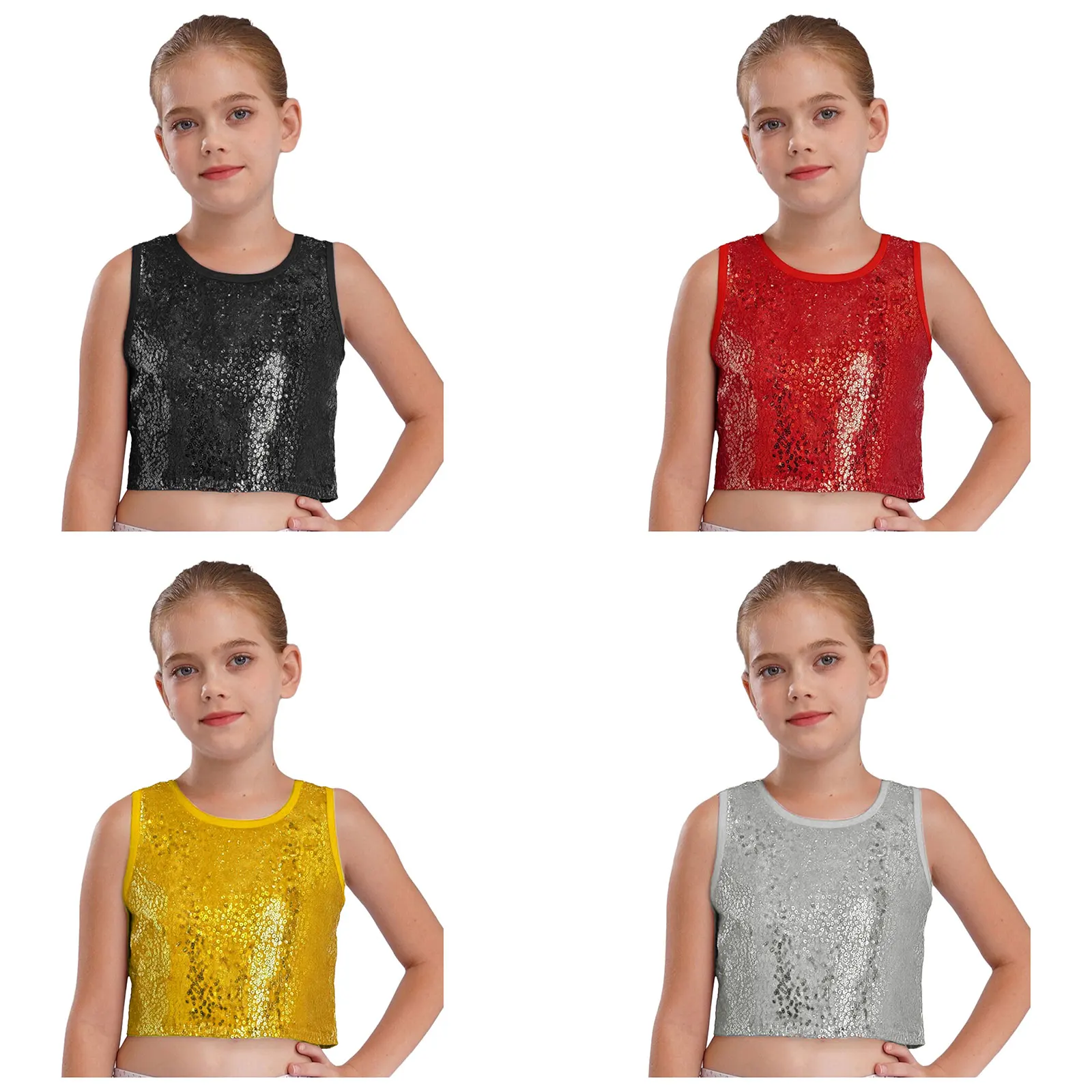 Canotta da ballo jazz con paillettes scintillanti per bambina, girocollo, senza maniche, gilet solido, top corto per spettacoli teatrali scolastici, abbigliamento da ballo