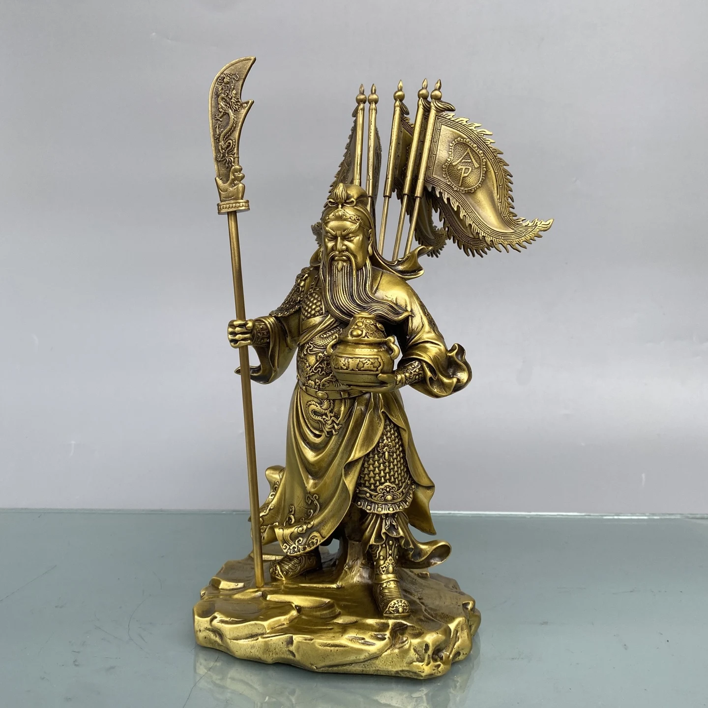 Brass Dragon texture Treasure Bowl Guan Gong standing statue Guandi - sword Guandi Jun Immortal Amass wealth Ornaments