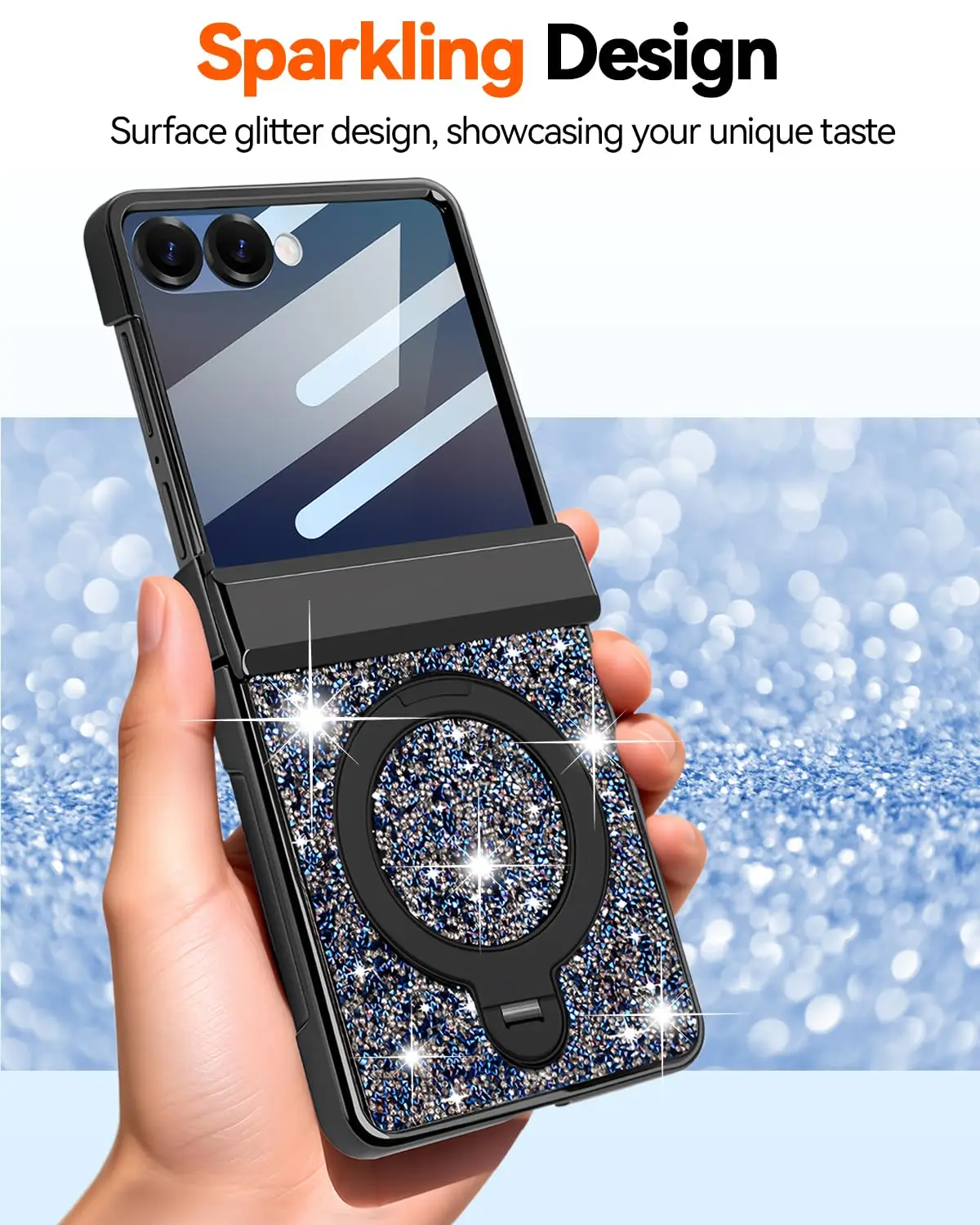 For Samsung Galaxy Z Flip 7 Case Magnetic Ring Stand Privacy Screen Protector Full Coverage Hinge Cover Glitter Bling Women Case