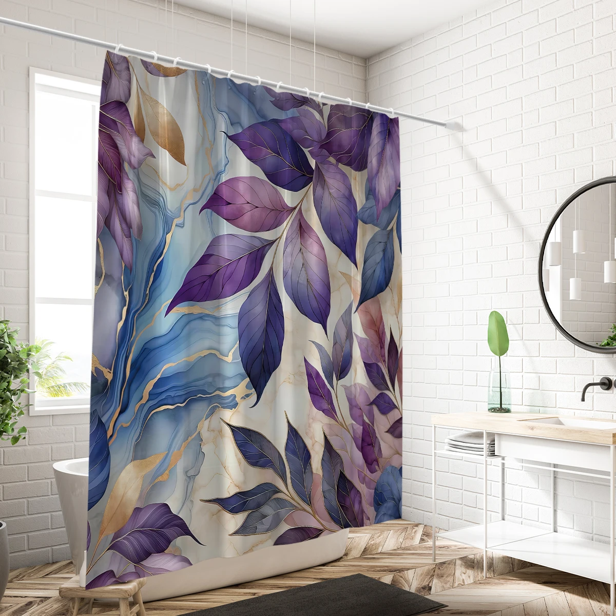 Olive Green and Golden Purple Plant Leaves Shower Curtain Series Printed Pattern with 12 Hooks,for Bathroom Art Decor