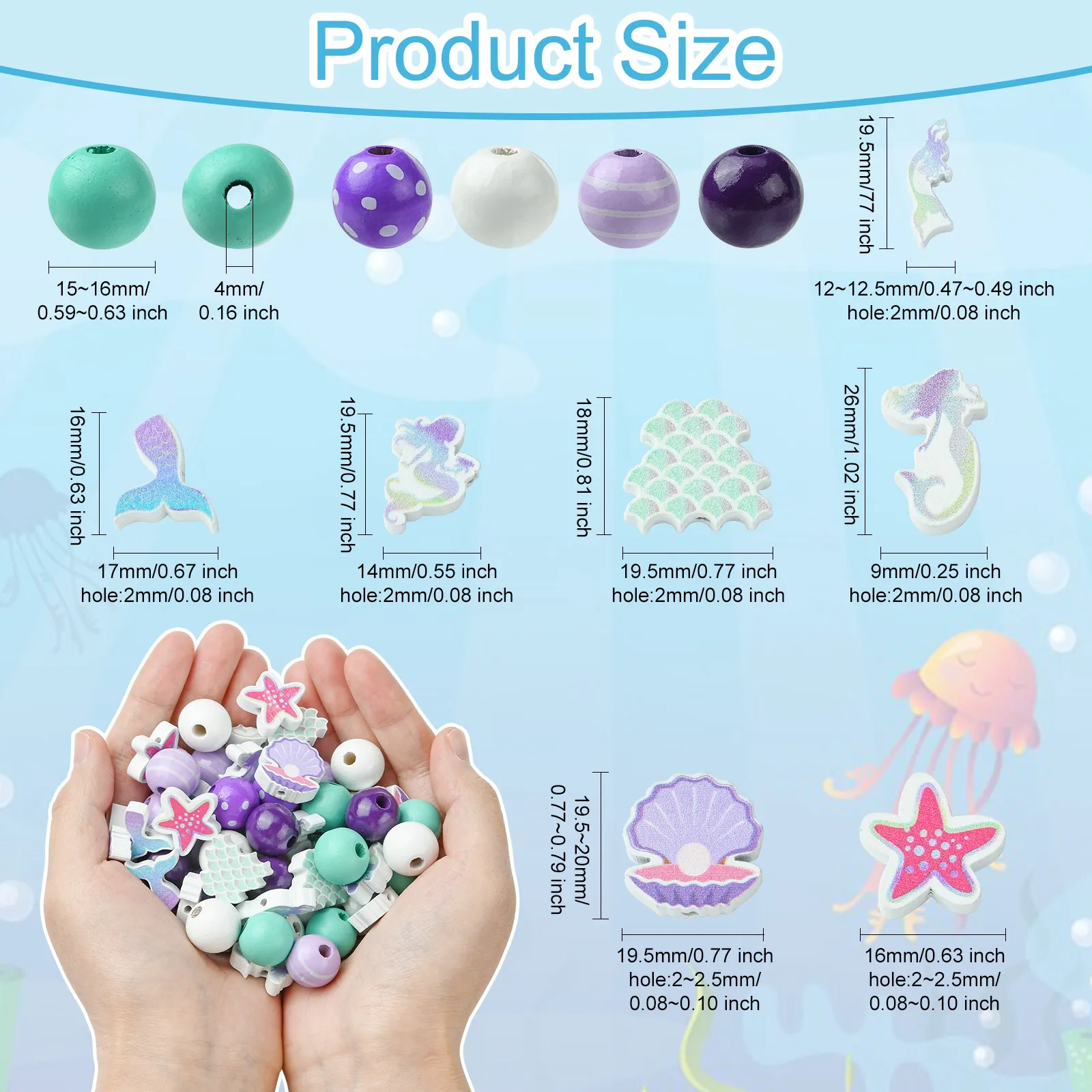 100Pcs Mermaid Wooden Beads Mixed Styles Mermaid Tail Seashell Round Beads Ocean Beads for DIY Garland Braclet Jewelry Crafts Ma