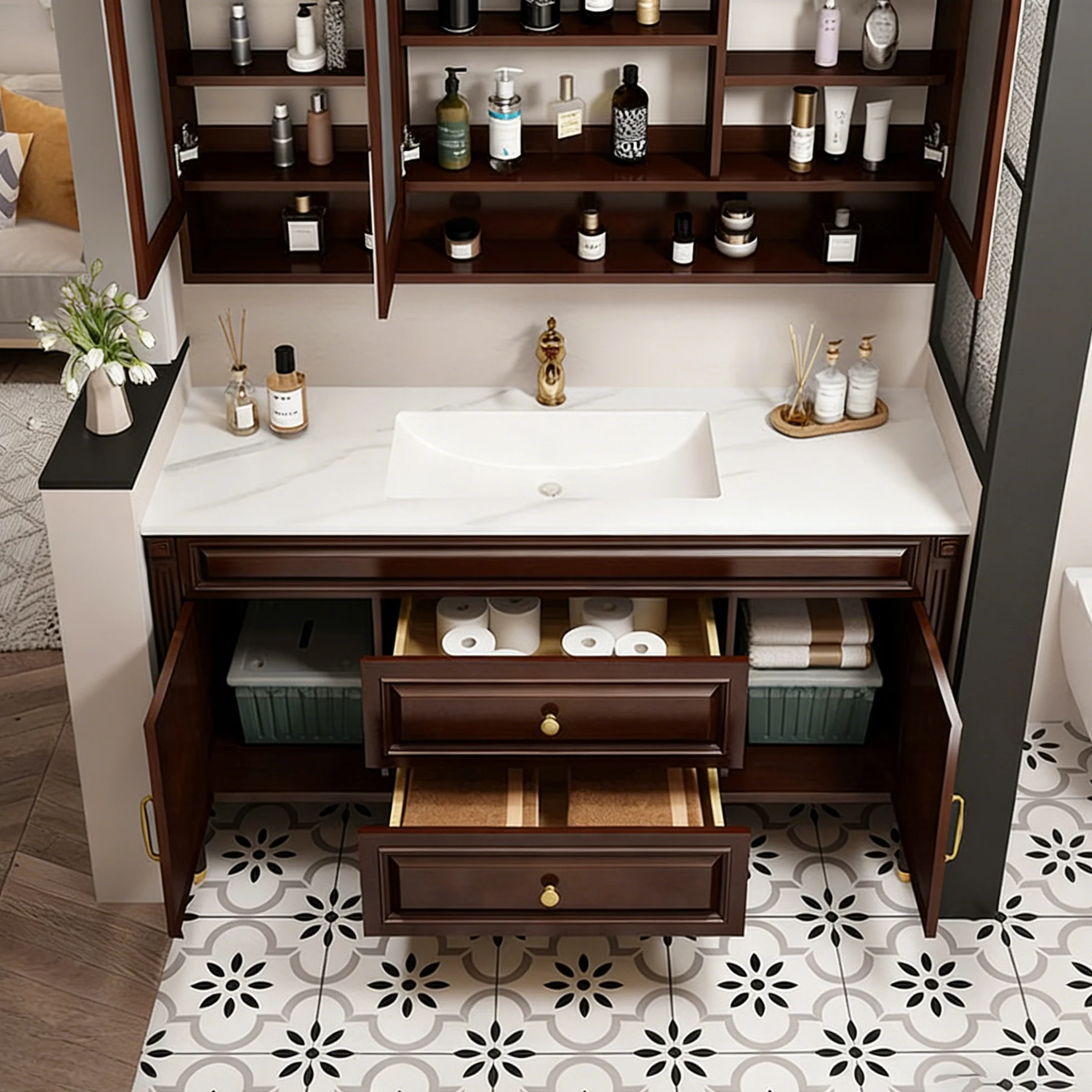 -+High Quality Wood Bathroom Floor Cabinet Furniture Chinese Antique Bathroom Vanity With Mirror And Basin