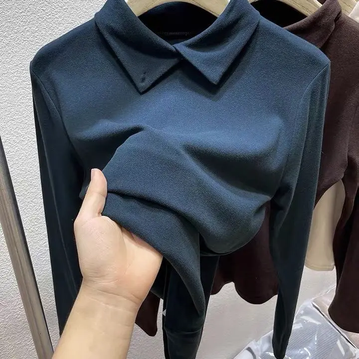 

POLO Collar Brushed Double Sided German Fleece Undercoat Women's Winter 2022 Autumn and Winter New Plus Plush Thickened Tops