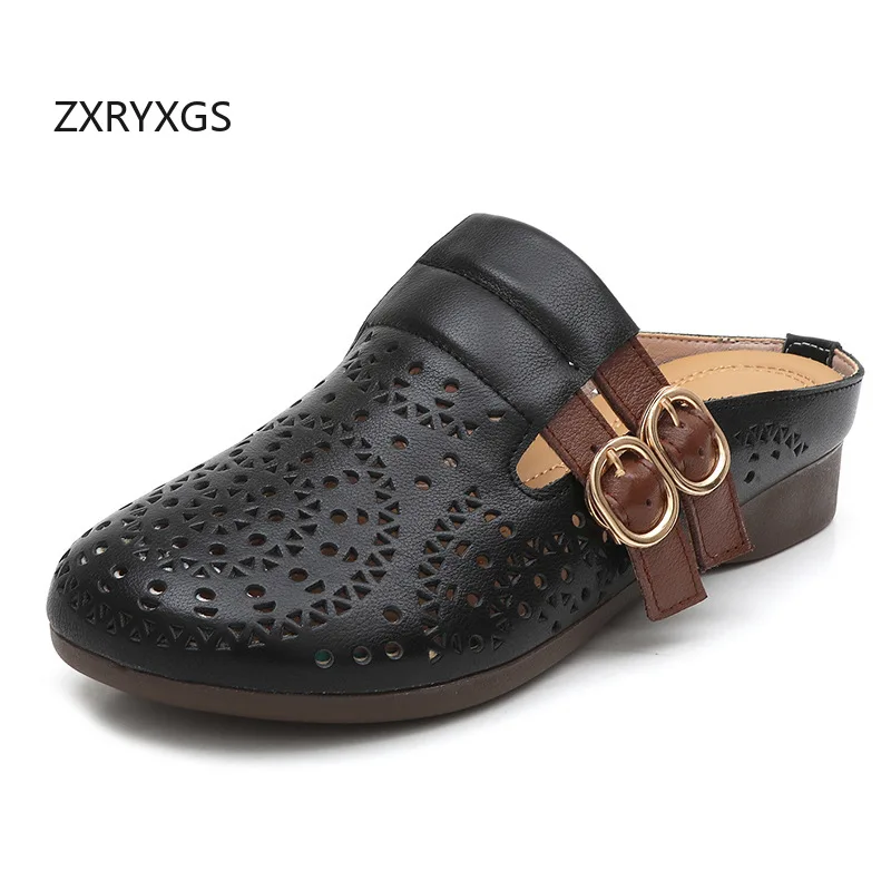 ZXRYXGS 2026 New Summer Hollow Top Layer Cowhide Slippers Flat Comfortable Breathable Slippers Large Size Women Modem Slippers