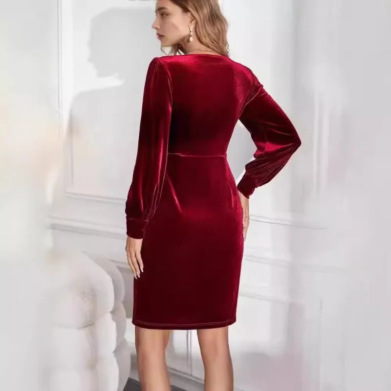 Christmas Party Dress Women Autumn And Winter Slit Slim Square Collar Long-Sleeved Elegant Velvet Mini Short Wine-red Vestidos