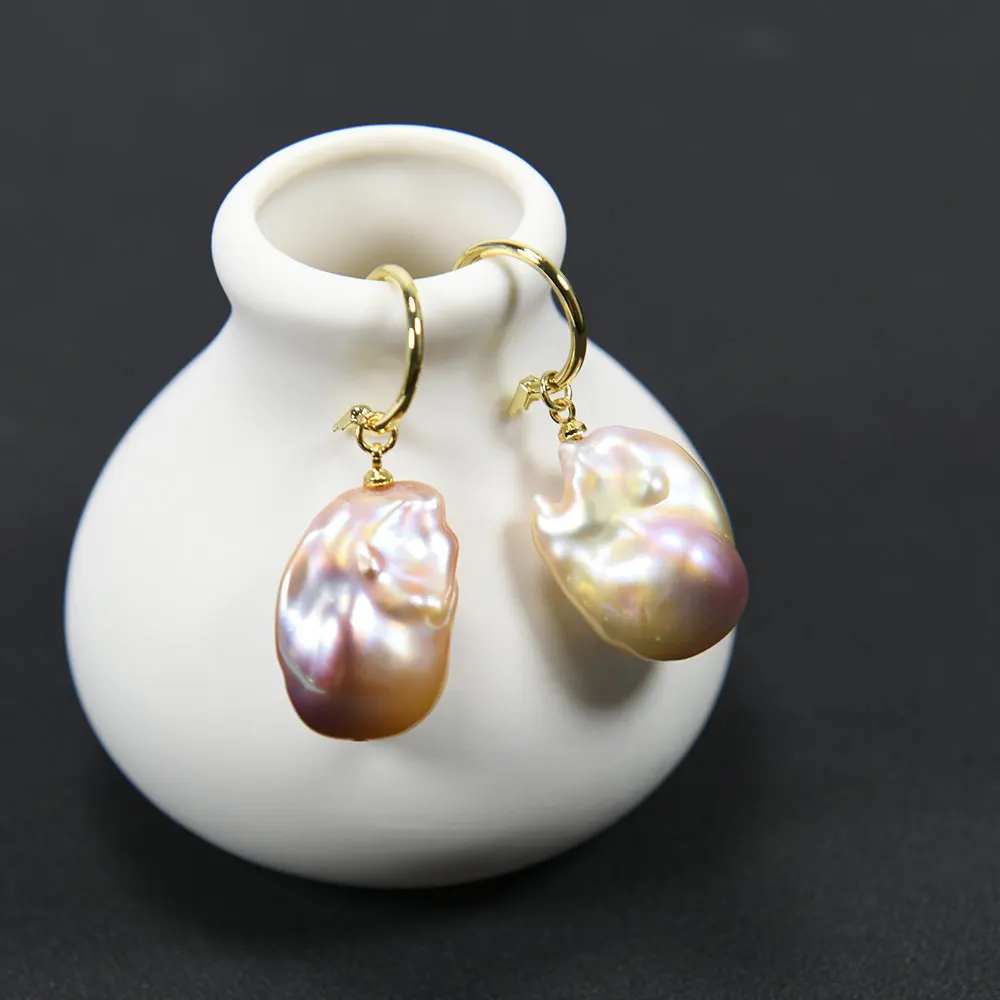 GG Natural Pink Purple Keshi Pearl Dangle Earrings 18K Gold Plated Circle Handmade Drop Earrings Lady Jewelry Gift