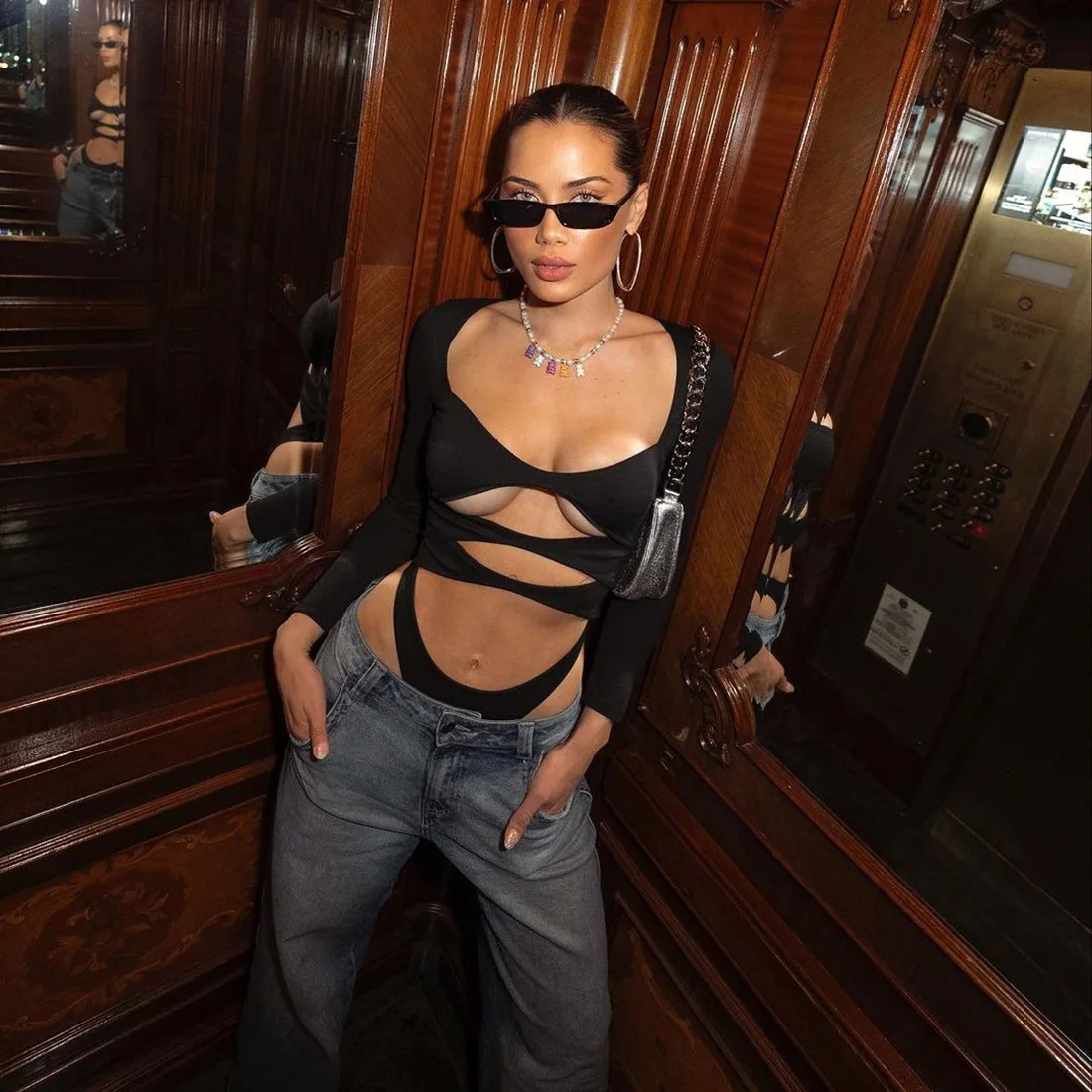 

DSMTRC Woman Low-Neck Full Sleeve Navel Exposed Skinny Stretch Sexy Hollow Out Slim Bodysuits Hot Girls Club Party Fashion Tops