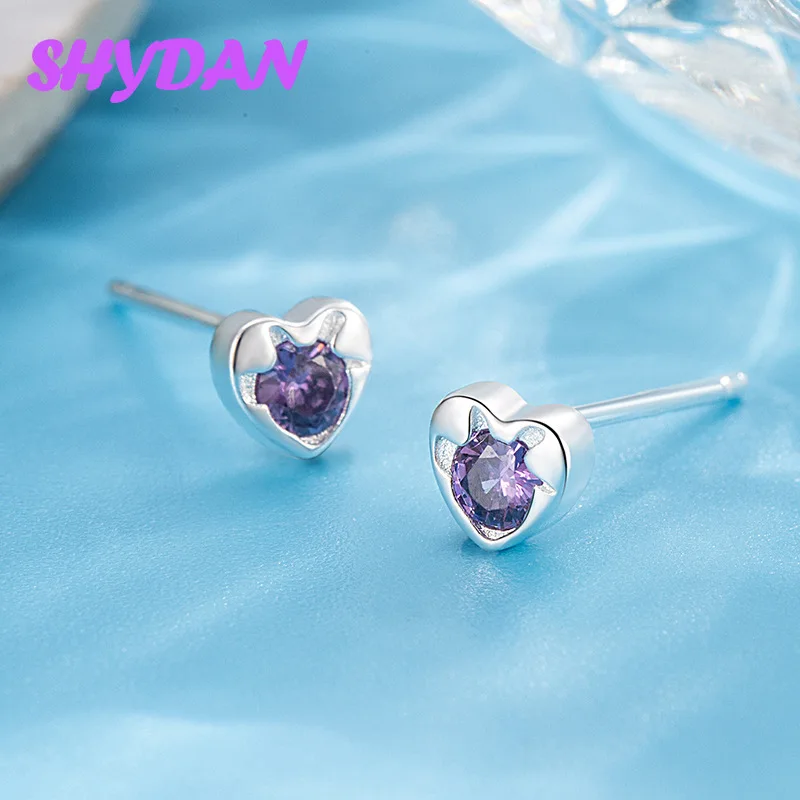 SHYDAN 925 Sterling Silver Little Heart Purple Zircon Stud Earrings For Women Girls Fashion Jewelry