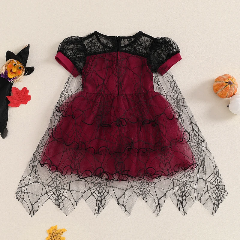 Little Girl Halloween Dress Gothic Style Spider Web Print Round Neck Short Sleeve Layered Ruffle Tulle Dress For Party Stage