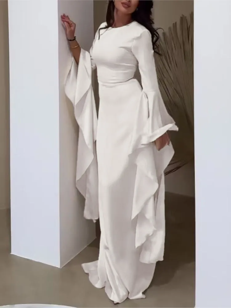 Dress For Women Elegant Solid Color Round Neck Casual Party Long Dresses Simple Sleeve Loose Evening Dresses Vestidos Para Mujer