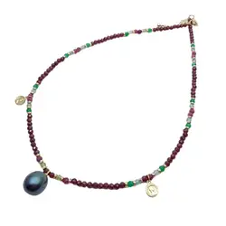 Y·YING Natural Garnet Agate Ruby Pearl Charm Necklace 3mm Gemstone Cultured Black Pearl Pendant