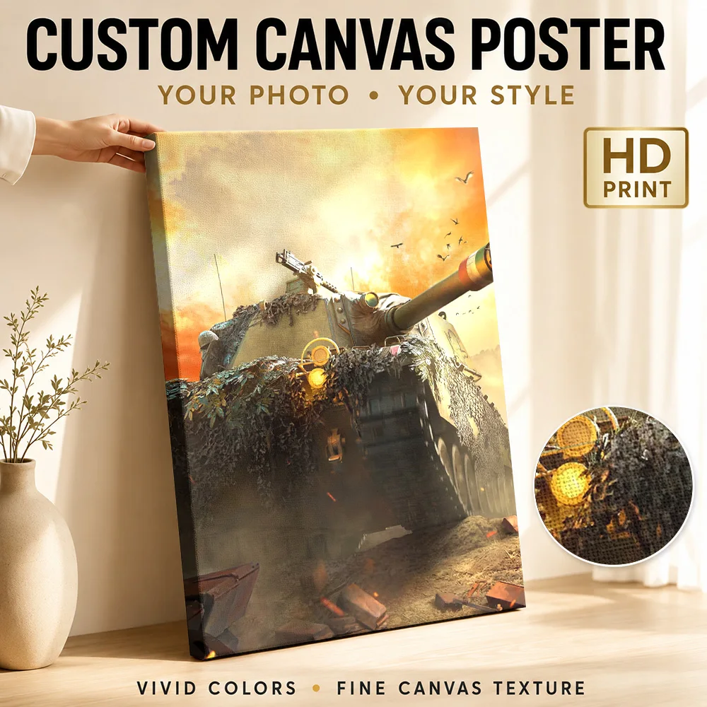 Camouflaged Tank in Fiery Sunset Framed Canvas Print Poster Customized Photo Travel Landscape Canvas Wall Art for Office Decor